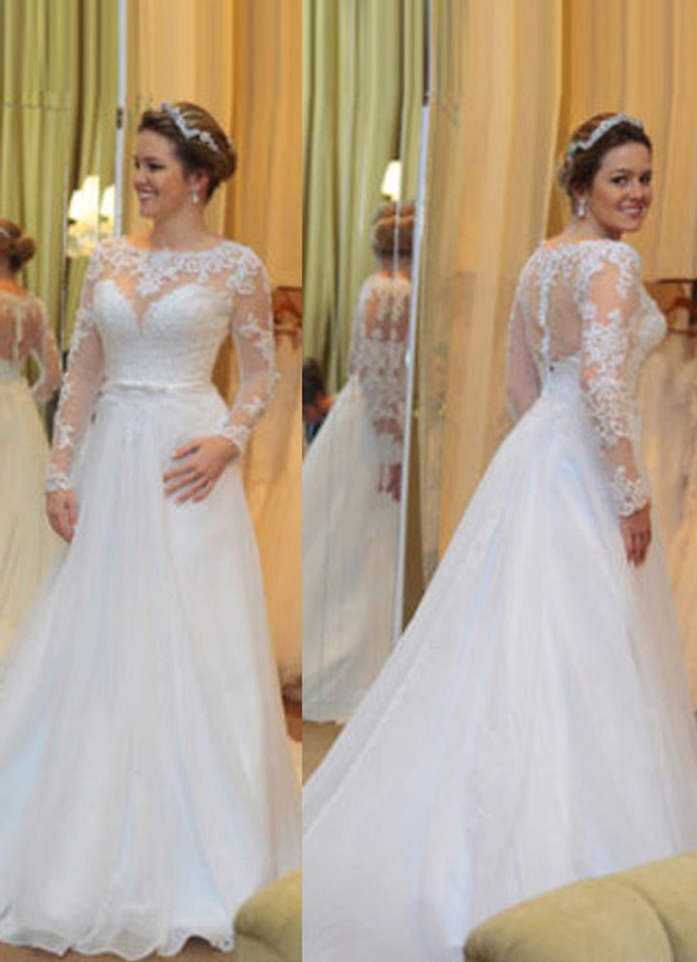 Chiffon Wedding Dress A-line Illusion Court Train With Lace