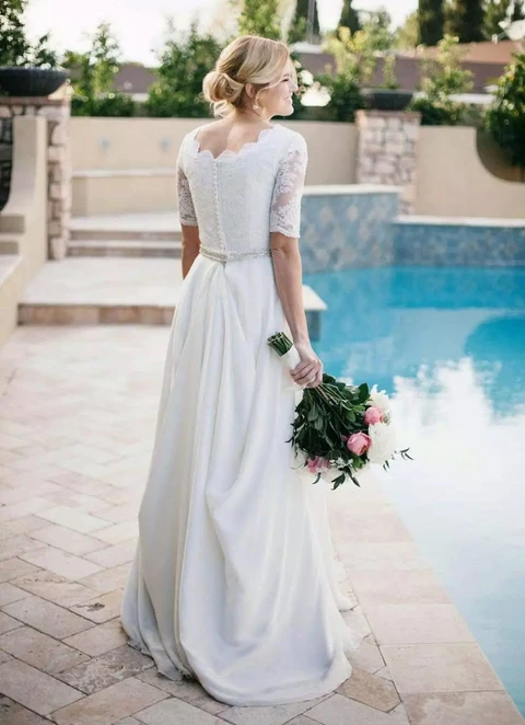 Chiffon Wedding Dress A-line  Scoop Neck Sweep Train With Beaded