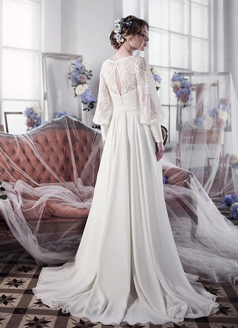 Chiffon Wedding Dress A-line Illusion Court Train With Sashes