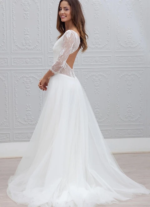 A-line V Neck 3/4 Sleeve Sweep Train Tulle Wedding Dress With Lace