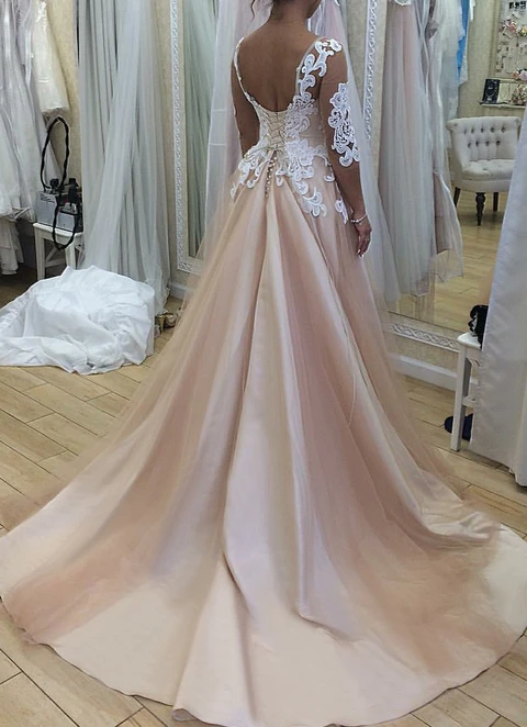 Ball-gown/princess Illusion 3/4 Sleeve Court Train Tulle Wedding Dress With Appliqued