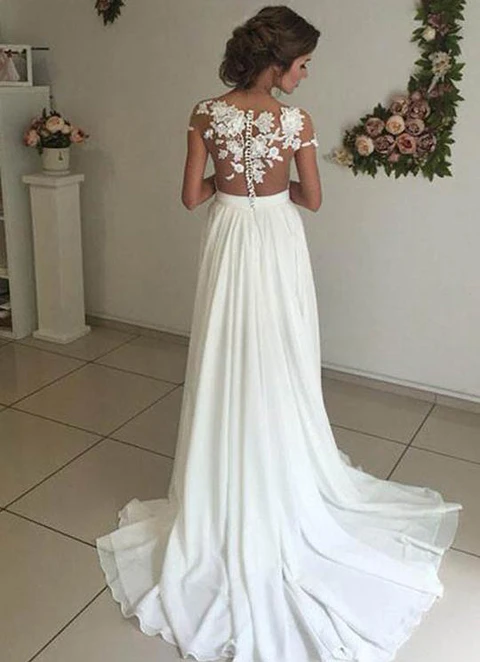 Chiffon Sweep Train A-line/princess Sleeveless V-neck Covered Button Wedding Dress With Appliqued