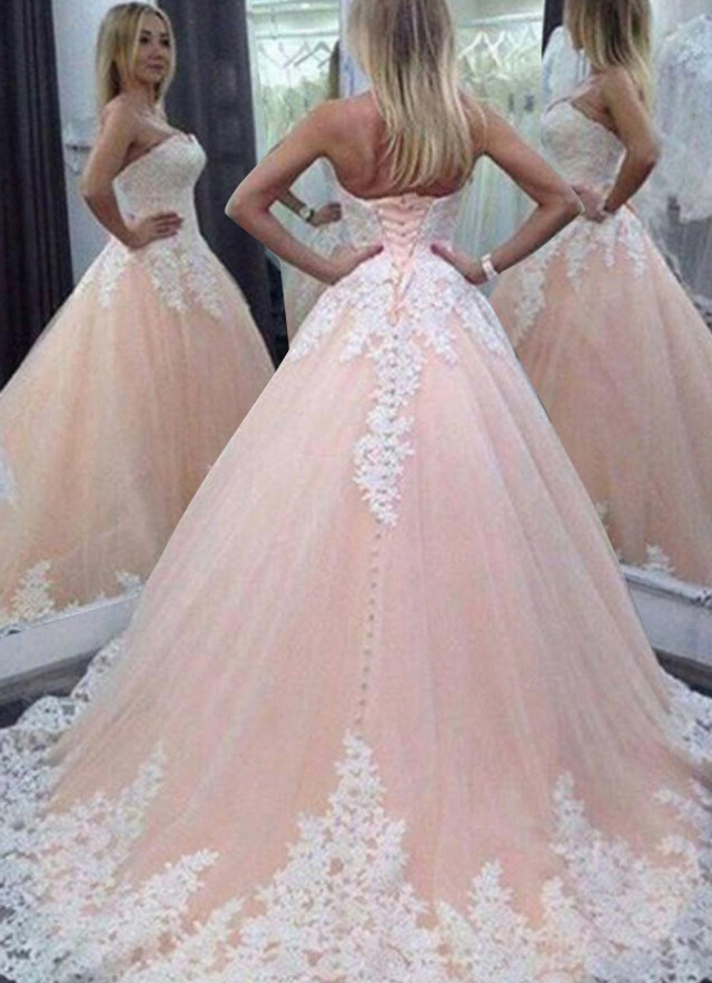 Tulle Chapel Train Ball-gown/princess Sleeveless Strapless Lace Up Wedding Dress With Stitching Lace