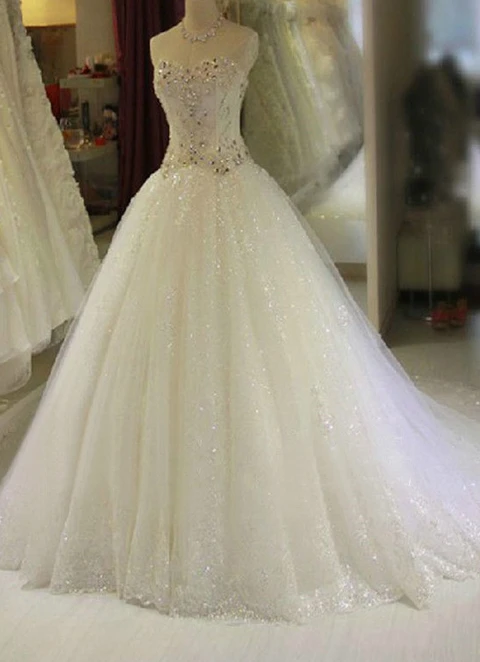 Lace Wedding Dress Ball-gown/princes Strapless Chapel Train With Beaded