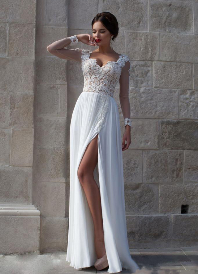 A-line Sweetheart Floor-length Chiffon Wedding Dress With Appliqued Split