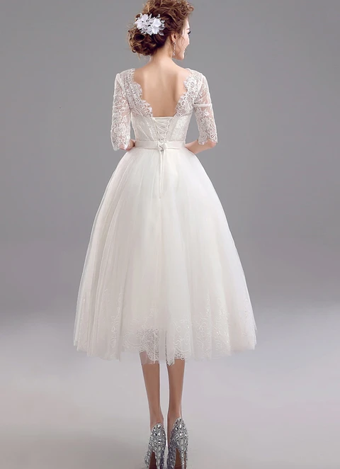 Ball-gown/princess V Neck Half Sleeve Tea-length Tulle Wedding Dress With Lace