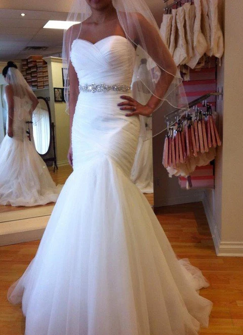 Sheath/column Sleeveless Sweetheart Court Train Tulle Wedding Dress With Pleated Waistband