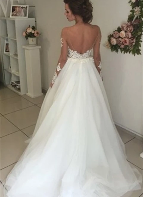 Tulle Sweep Train Ball-gown/princess Full/long Sleeve Off-the-shoulder Zipper Wedding Dress With Appliqued