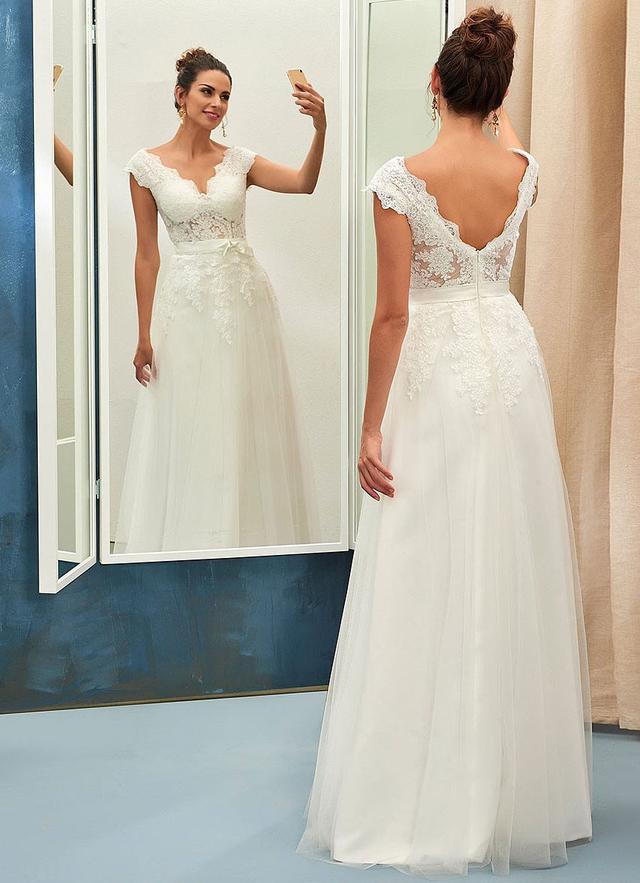 Tulle Wedding Dress A-line V-neck Long/floor-length With Lace