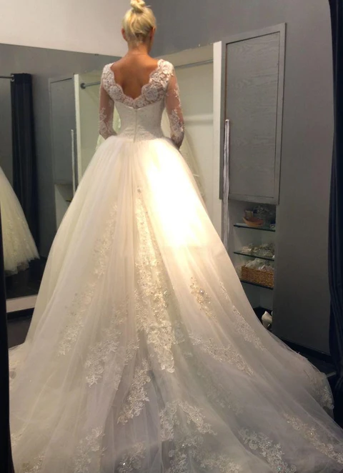 Ball Gown Scalloped Neck Full/long Sleeve Court Train Tulle Appliqued Lacewedding Dress