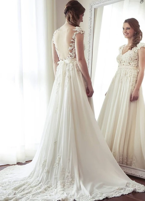 Chiffon Wedding Dress Ball-gown/princess V-neck Court Train With Lace