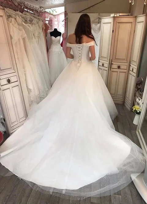 Tulle Wedding Dress Ball-gown/princess Off-the-shoulder Cathedral Train With Appliqued