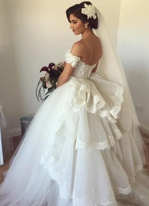 Ball-gown/princess Off-the-shoulder Short Sleeve Long/floor-length Tulle Wedding Dress With Appliqued Lace