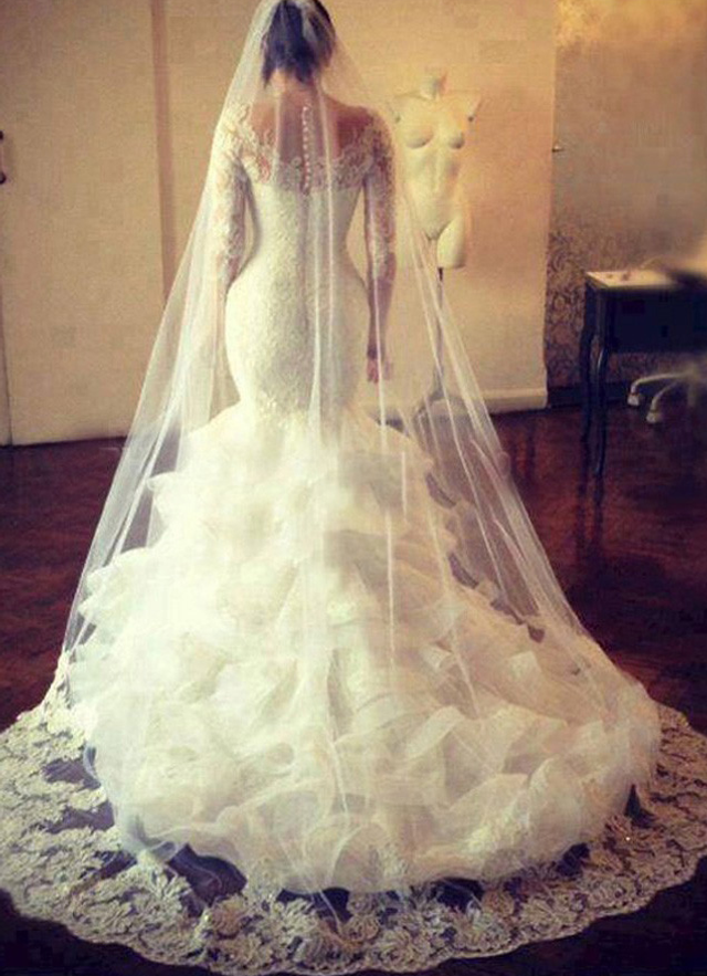 Lace Chapel Train Trumpet/mermaid Full/long Sleeve Illusion Covered Button Wedding Dress With Beaded