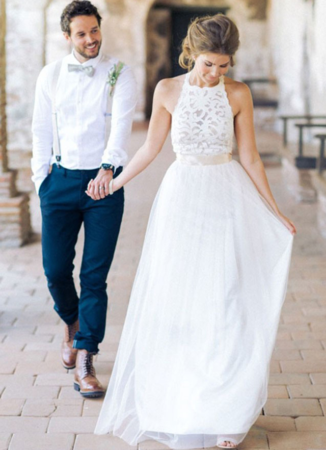 A-line/princess Halter Sleeveless Long/floor-length Tulle Wedding Dress With Lace Sashes