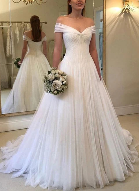 Princess Off-the-shoulder Sleeveless Sweep Train Tulle Wedding Dress With Pleated