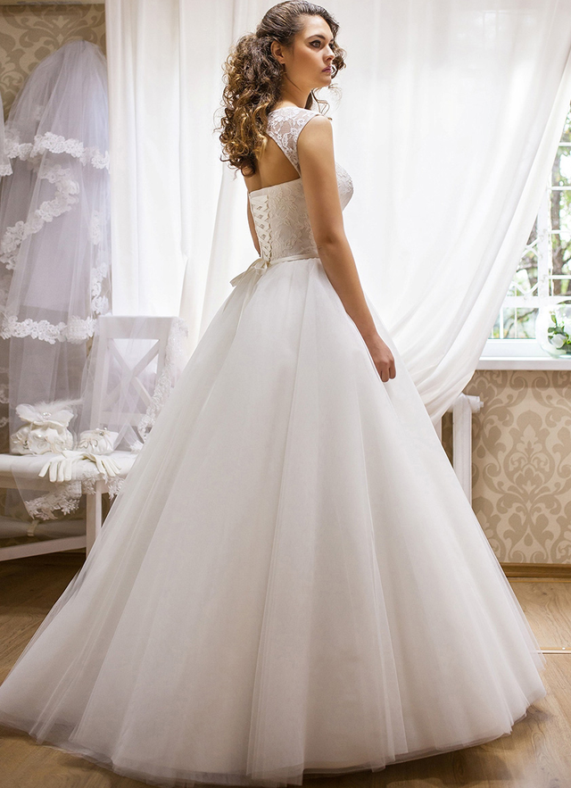 Ball-gown/princess Illusion Sleeveless Long/floor-length Tulle Wedding Dress With Bowknot Lace