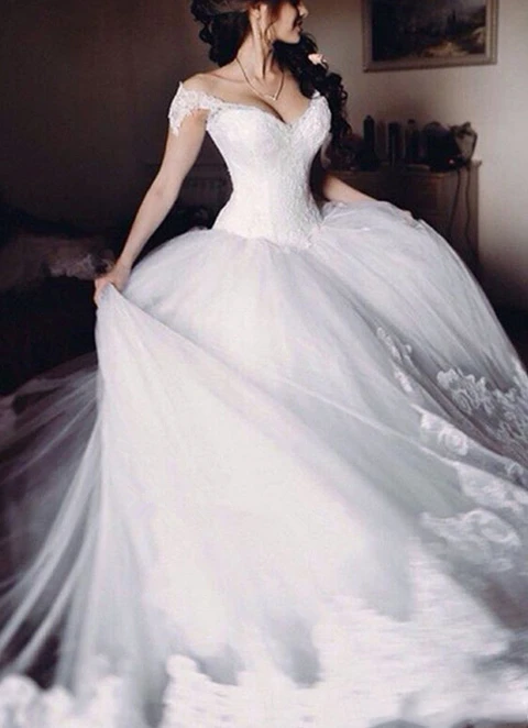 Tulle Wedding Dress Ball-gown/princess Off-the-shoulder Sweep Train With Lace