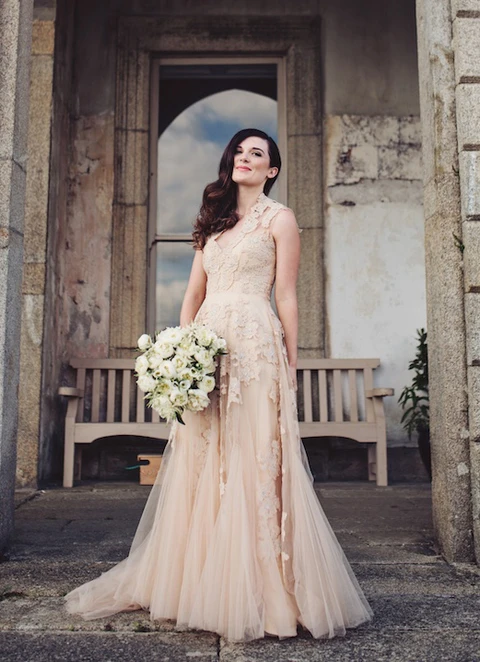 Tulle Wedding Dress A-line/princess V-neck Court Train With Appliqued