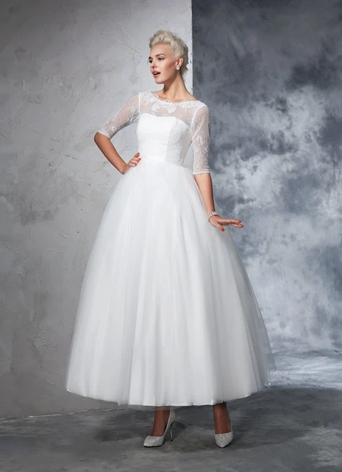 Tulle Wedding Dress Ball-gown/princess Scoop Tea-length With Lace