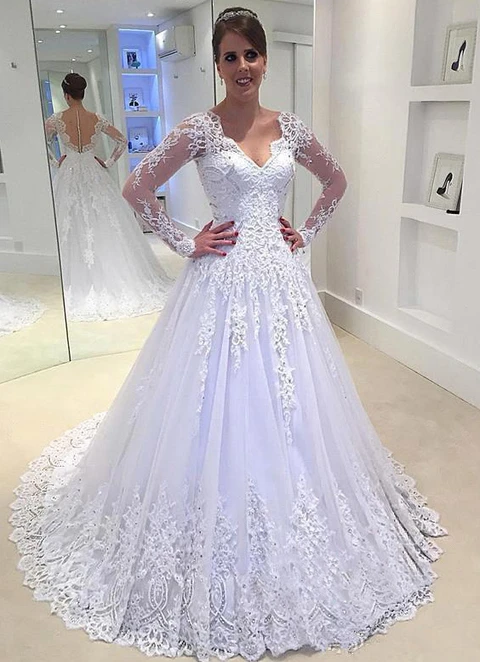 Ball-gown/princess V-neck Full/long Sleeve Court Train Tulle Wedding Dress With Appliqued Lace Rhinestone