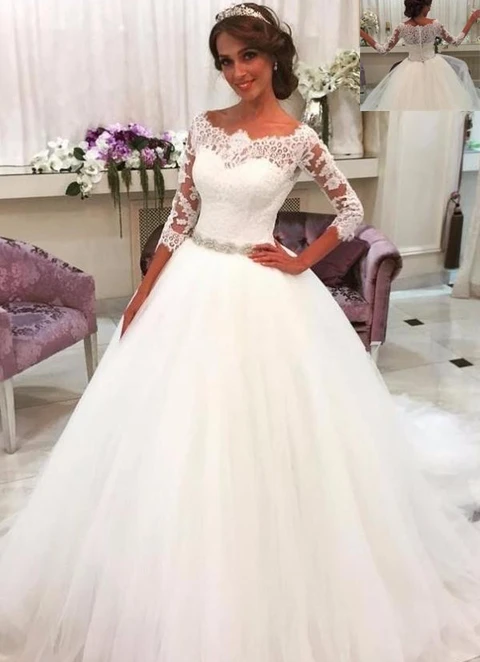 Ball Gown Bateau 3/4 Sleeve Court Train Tulle Lace Waistband Wedding Dress