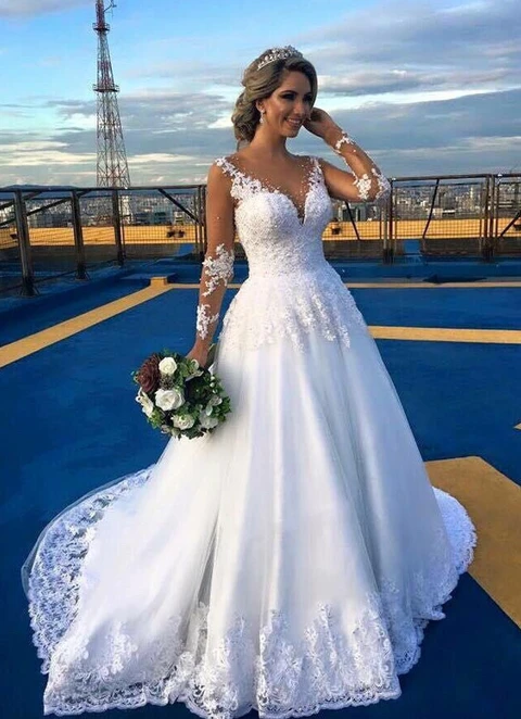 Lace Court Train Ball Gown Full/long Sleeve V-neck Covered Button Beaded Wedding Dress