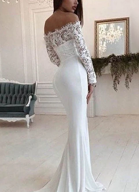 Chiffon Wedding Dress Trumpet/mermaid Full/long Sleeve Off-the-shoulder Court Train With Lace