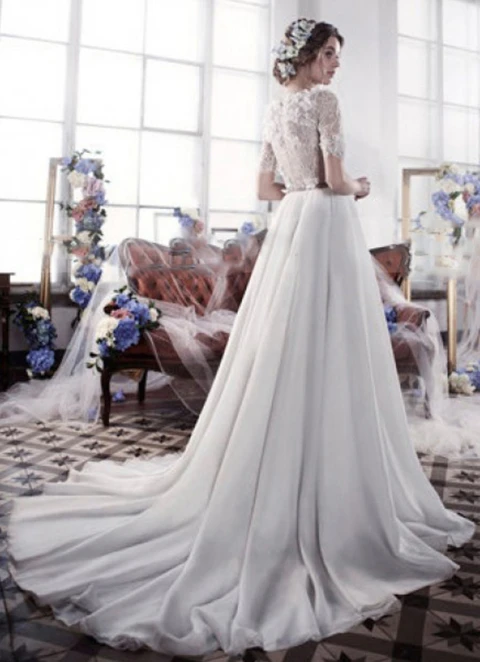 Tulle Wedding Dress A-line Illusion Court Train With Flowers