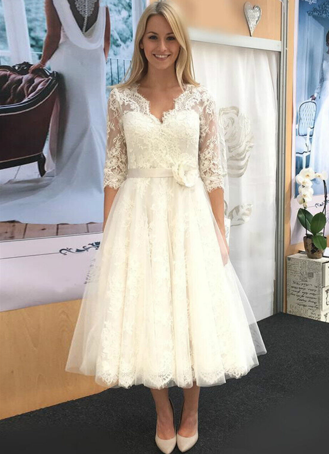 A-line V Neck 3/4 Sleeve Tulle Lace Tea-length Waistband Flower Wedding Dress