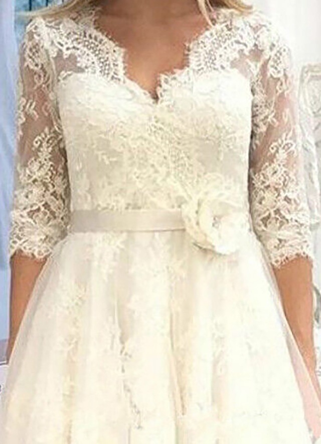 A-line V Neck 3/4 Sleeve Tulle Lace Tea-length Waistband Flower Wedding Dress