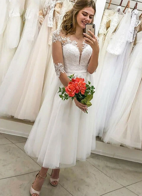 A-line Illusion Neck Half Sleeve Tea-length Tulle Lace Waistband Wedding Dress