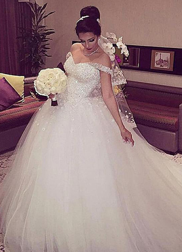 Tulle Wedding Dress Ball-gown/princess Off-the-shoulder Court Train With Beaded