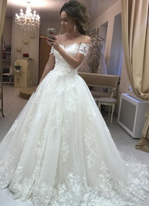 Ball Gown Off-the-shoulder Short Sleeve Court Train Tulle Appliqued Wedding Dress