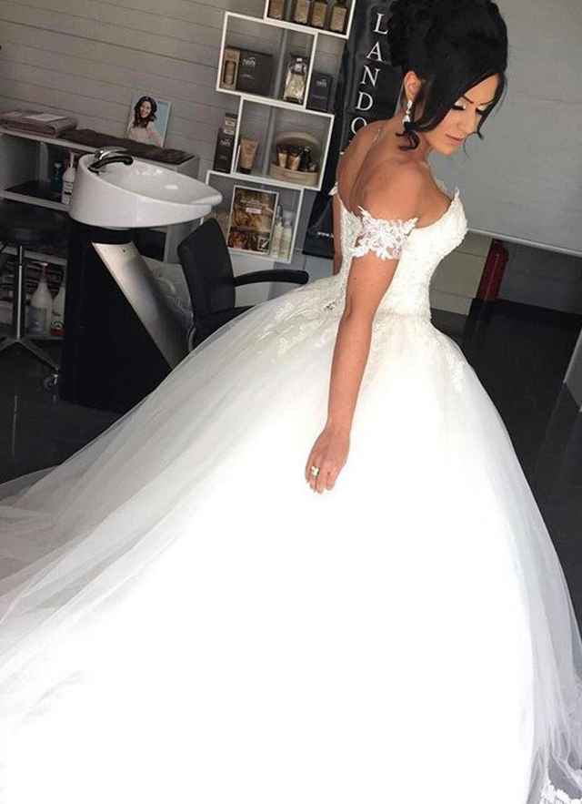 Lace Wedding Dress Ball-gown/princess Off-the-shoulder Chapel Train With Appliqued