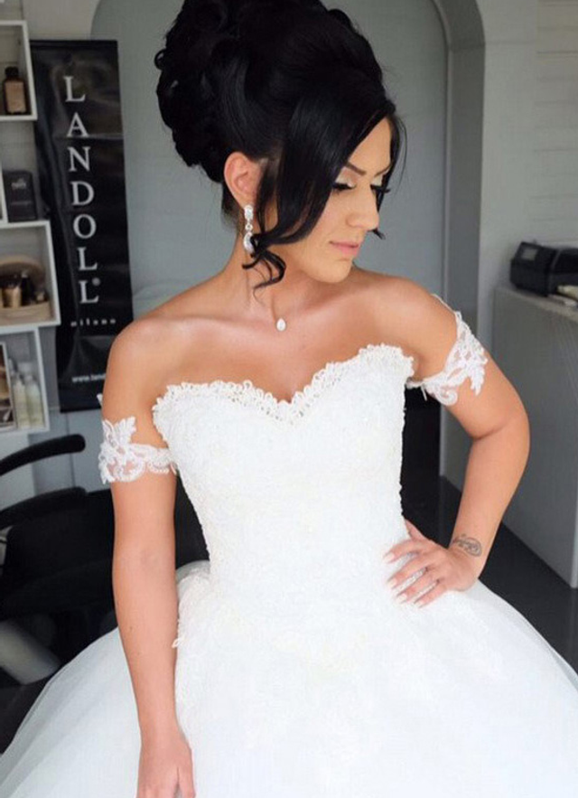 Lace Wedding Dress Ball-gown/princess Off-the-shoulder Chapel Train With Appliqued