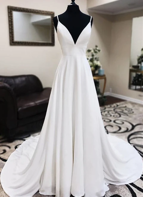 Chiffon Wedding Dress A-line Sleeveless V Neck Chapel Train With Lace Beading