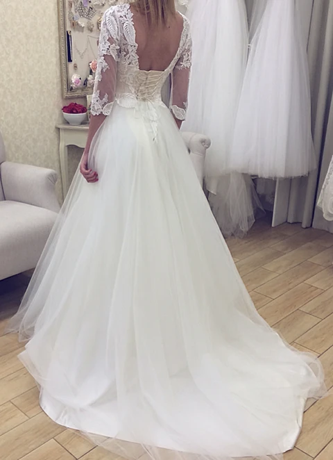 Ball-gown/princess Illusion Half Sleeve Court Train Tulle Wedding Dress With Appliqued