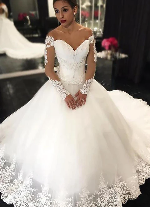 Ball-gown/princess Off-the-shoulder Full/long Sleeve Long/floor-length Tulle Wedding Dress With Appliqued