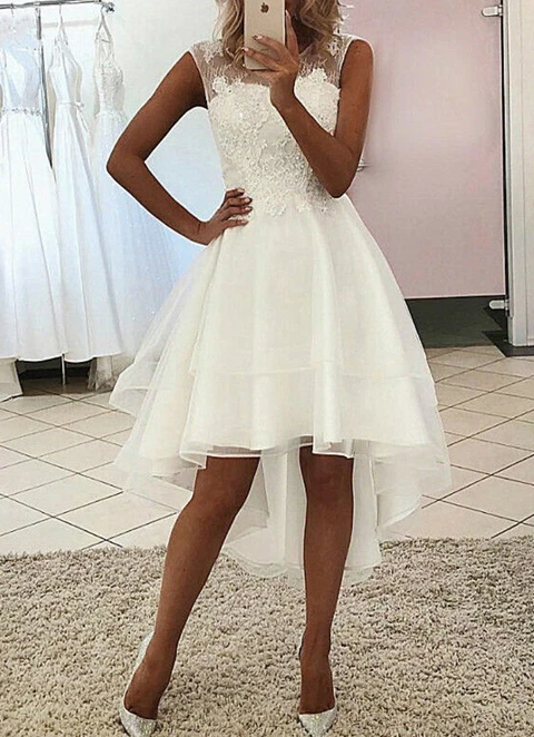 A-line Sleeveless Sweetheart Neck Asymmetrical Tulle Lace Wedding Dress