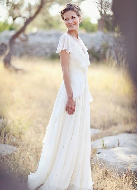 Chiffon Wedding Dress A-line V-neck Long/floor-length With Lace