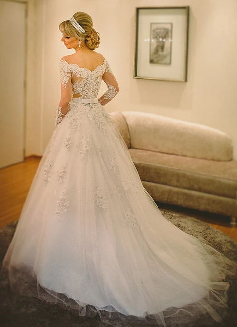 Tulle Sweep Train A-line/princess Full/long Sleeve Off-the-shoulder Covered Button Wedding Dress With Appliqued