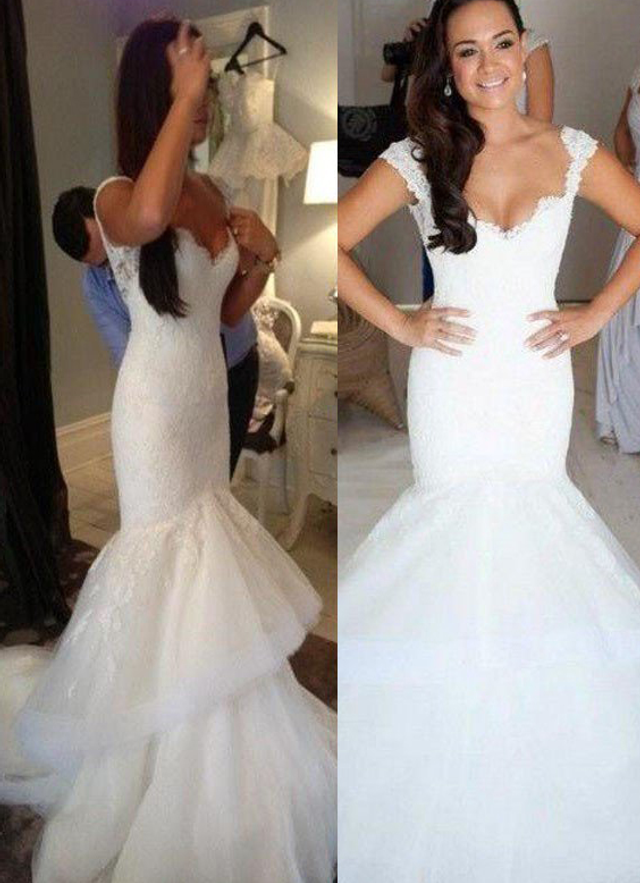 Trumpet/mermaid V-neck Sleeveless Court Train Tulle Wedding Dress With Lace Ruffles