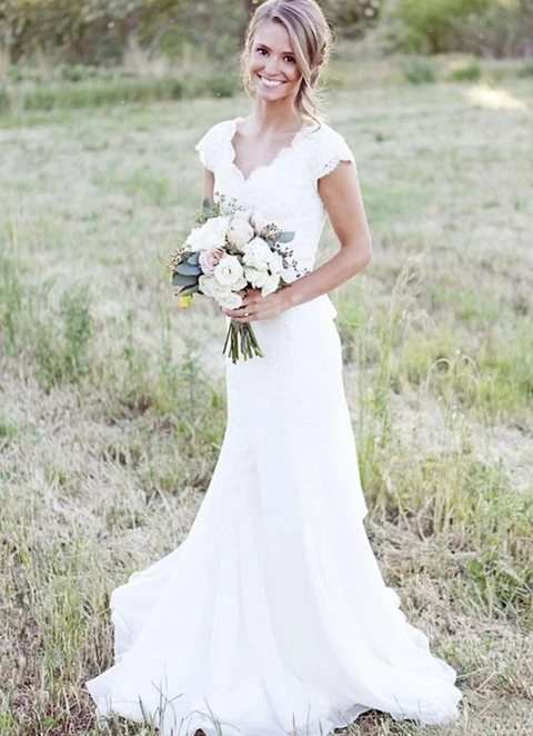 Chiffon Sheath/column Sweep Train Sleeveless V-neck Covered Button Wedding Dress With Appliqued