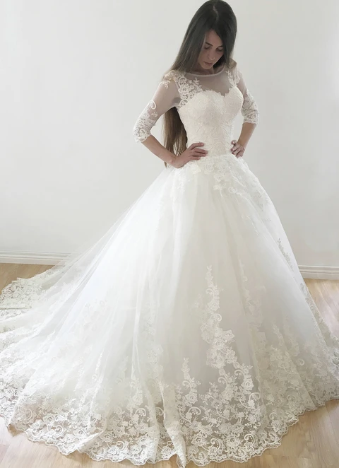 Ball Gown Illusion Half Sleeve Court Train Tulle Wedding Dress With Appliqued Lace