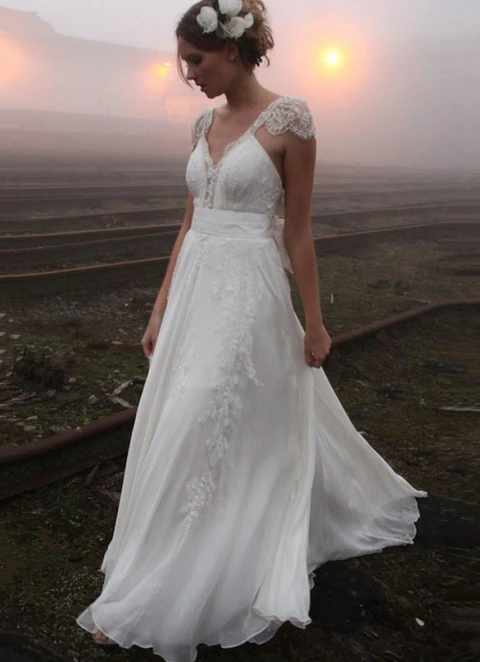 A-line V Neck Sleeveless Court Train Chiffon Wedding Dress With Appliqued Bowknot