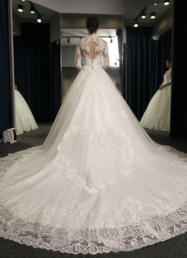 Tulle Wedding Dress Ball-gown/princess High-neck Cathedral Train With Lace Appliqued