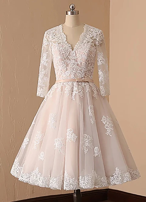 A-line V Neck Full/long Sleeve Lace Tulle Tea-length Waistband Wedding Dress