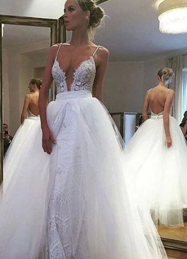 Tulle Ball-gown/princess Floor-length Sleeveless V-neck Zipper Wedding Dress With Appliqued