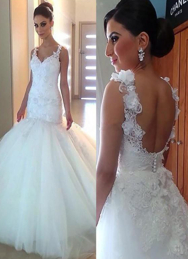 Sheath/column Sleeveless V Neck Long/floor-length Tulle Wedding Dress With Appliqued